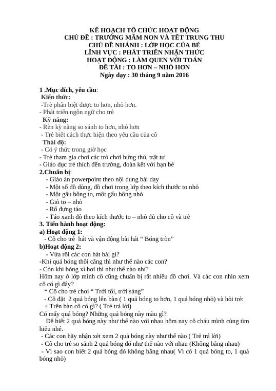 Giáo Án so sánh to nhỏ cho trẻ 3 tuổi - phát triển nhận thức và kỹ năng so sánh