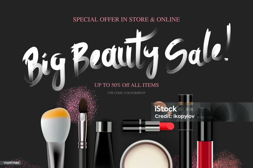 Big beauty sale biểu ngữ mỹ phẩm cho mùa mua sắm trang Điểm phụ kiện thiết  bị làm Đẹp khuôn mặt thời trang minh họa vectơ hình minh họa sẵn có