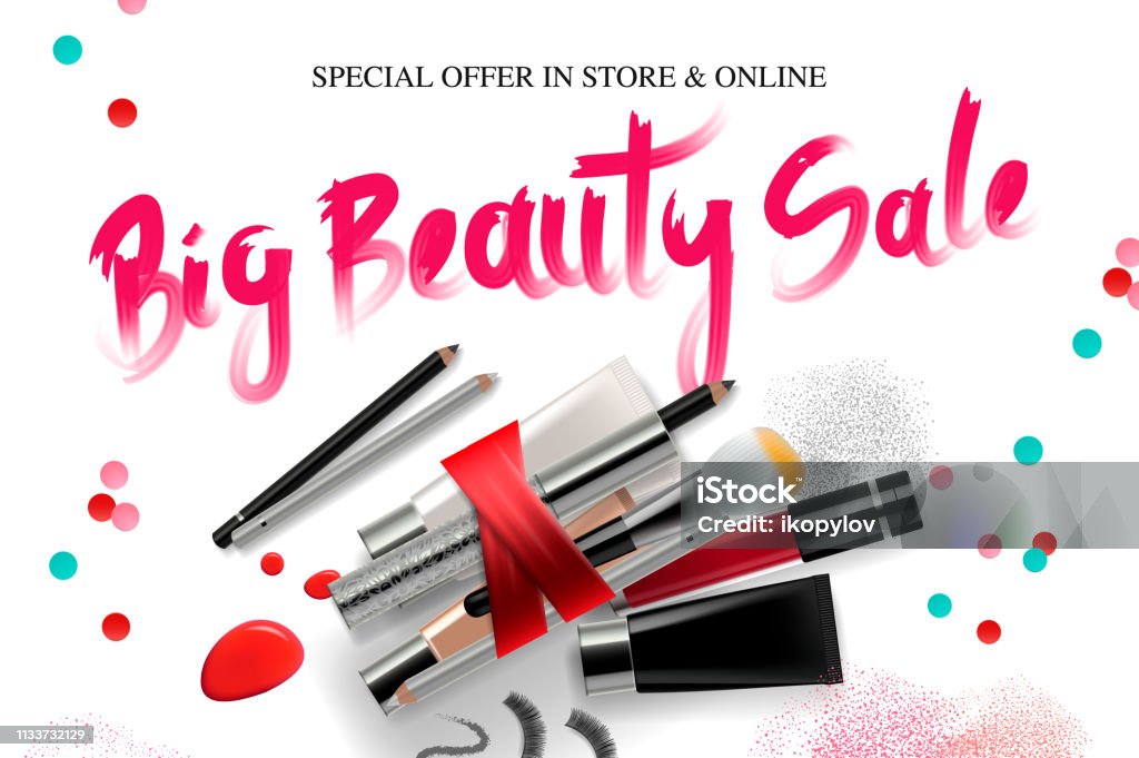 Big beauty sale biểu ngữ mỹ phẩm cho mùa mua sắm trang Điểm phụ kiện thiết  bị làm Đẹp khuôn mặt thời trang minh họa vectơ hình minh họa sẵn có