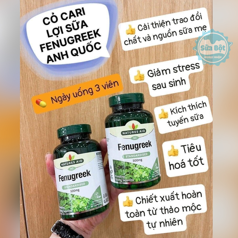 Viên uống lợi sữa natures aid fenugreek mg  viên