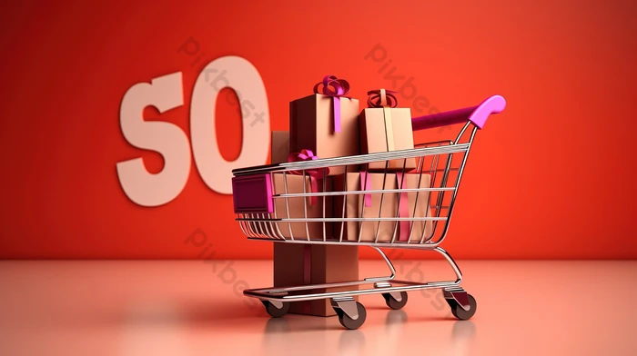 Gift items d render of shopping cart and bags on discount sale background